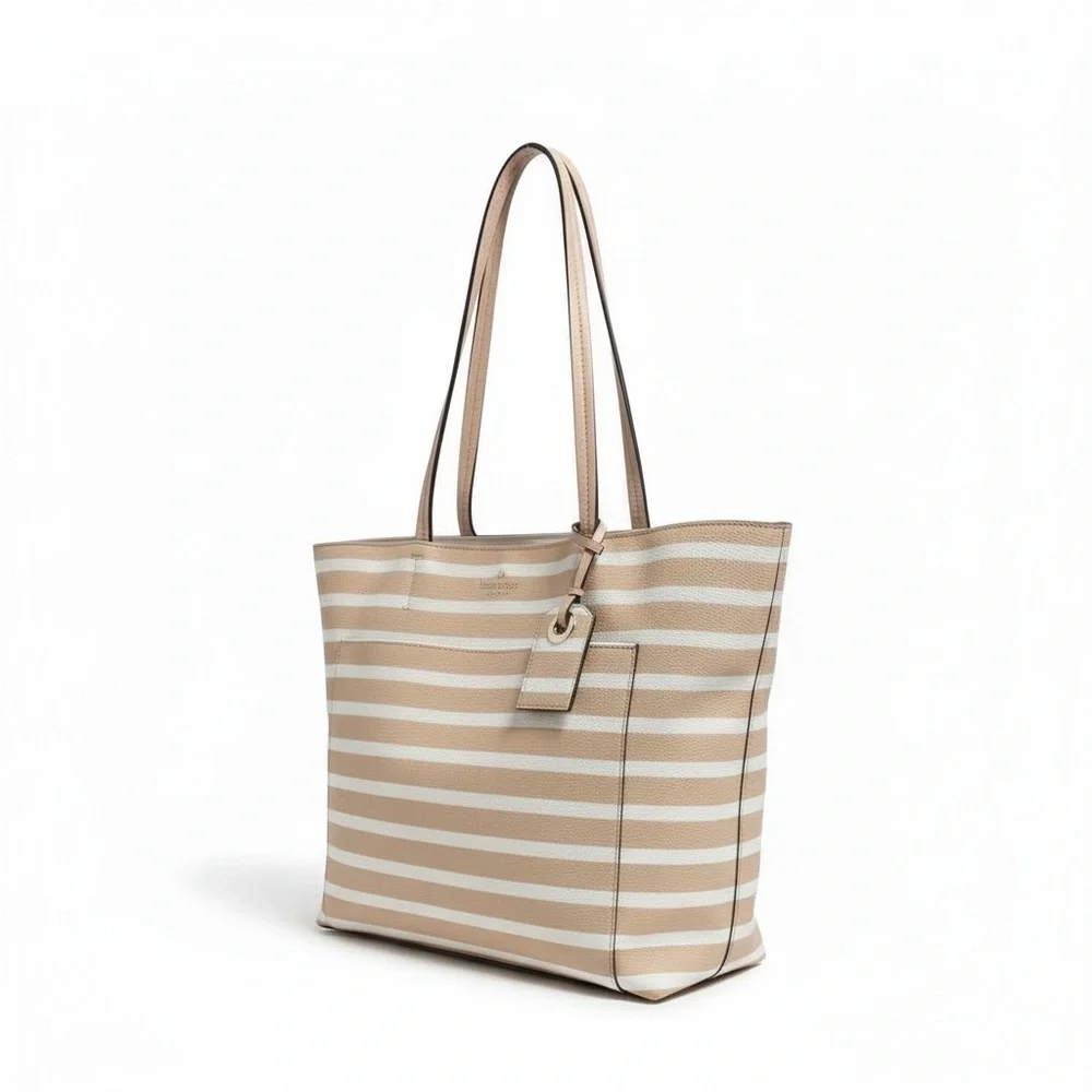 ✨ Kate Spade Striped Leather Tote – Chic Neutrals | EUC Exterior ✨